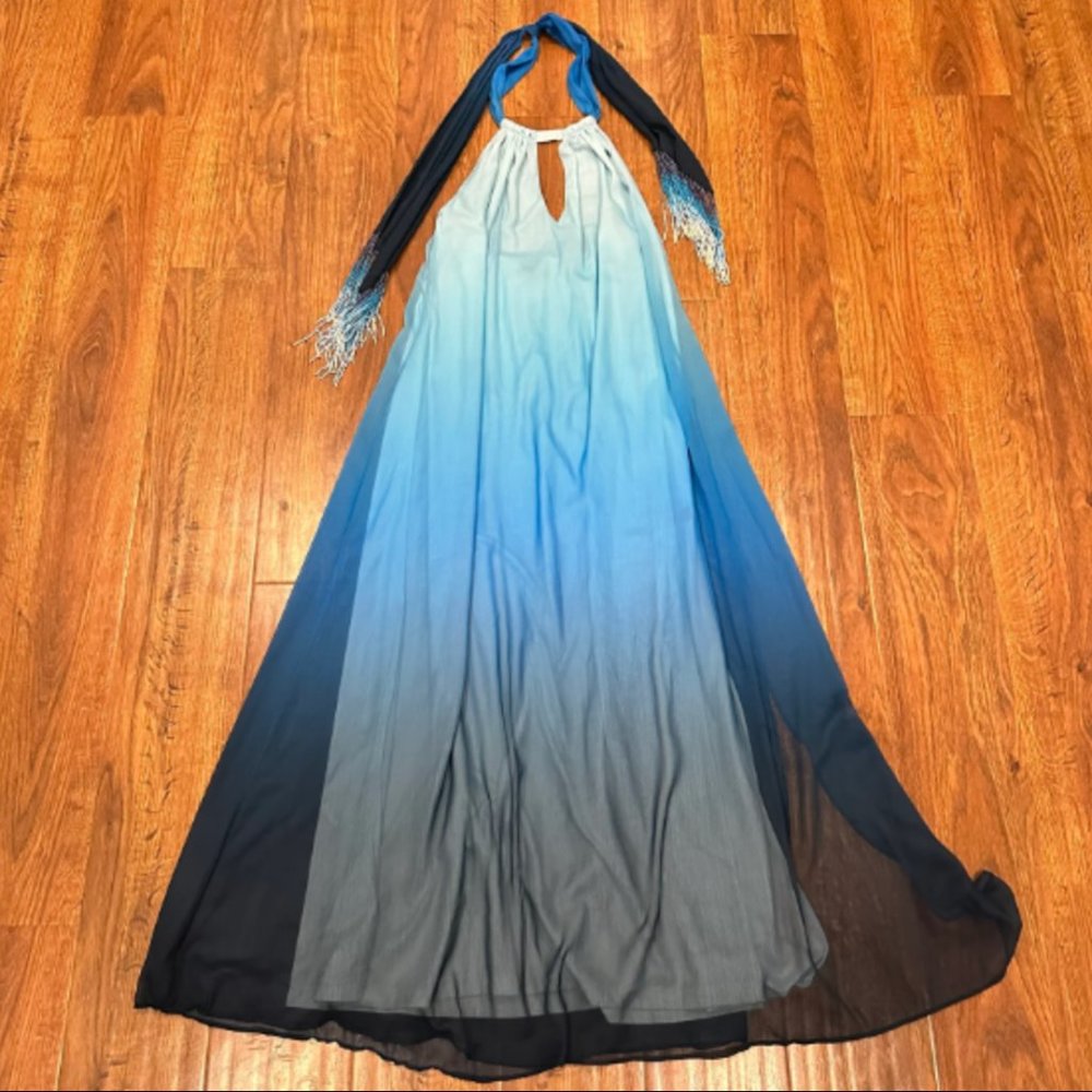 Boston Proper Mykonos XS XXS Chiffon Watercolor Ombré Halter Maxi Dress Blue